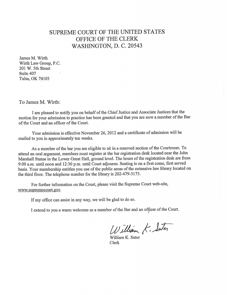 Tulsa attorney James Wirth admitted to U.S. Supreme Court Bar